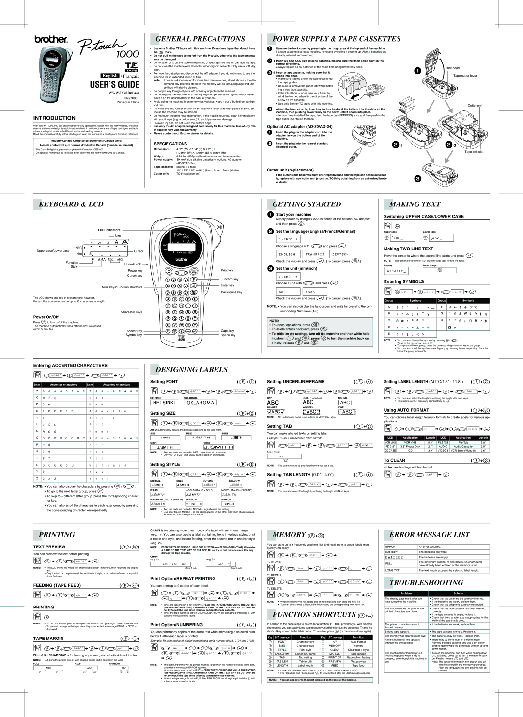 Brother PT-1000 manual General Precautions, Power Supply & Tape Cassettes, Keyboard & LCD, Getting Started, Making Text 