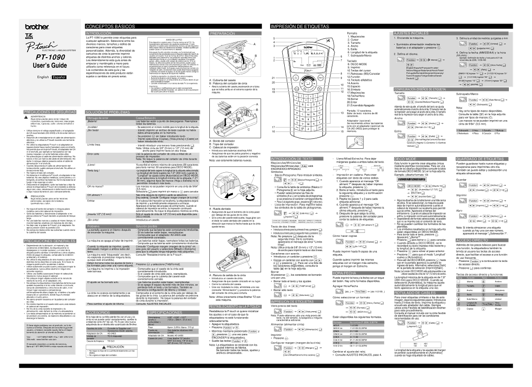 Brother PT-1090 manual Ajustes Iniciales, Precauciones DE Seguridad, Deco Mode, Guardado DE Etiquetas, Hora/Fecha 