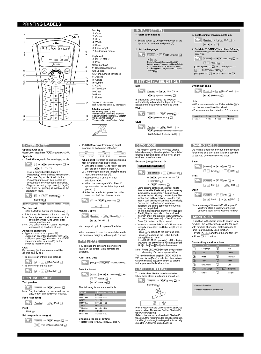 Brother PT-1090 Initial Settings, Settings Label Designs, Entering Text, Printing Labels, Time / Date, Deco Mode 