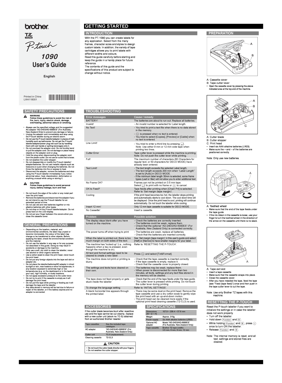 Brother PT-1090 specifications Getting Started, Safety Precautions, Introduction, Troubleshooting, Preparation, English 