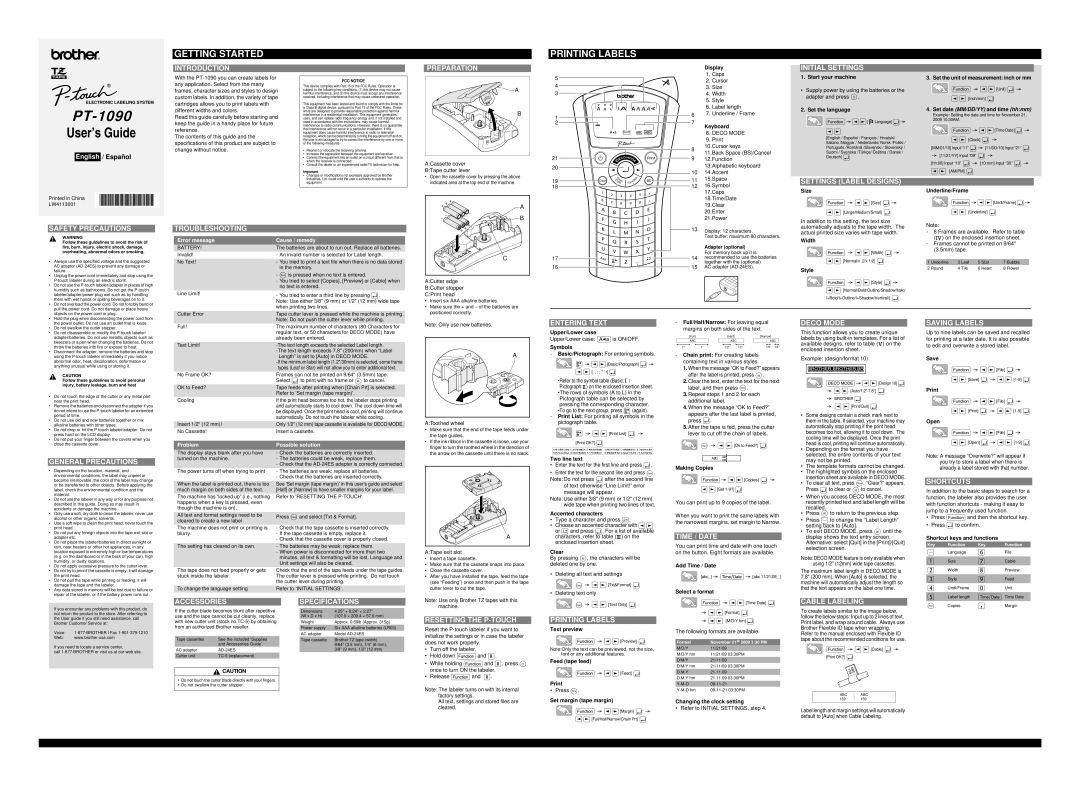 Brother PT1090BK specifications Introduction, Preparation, Initial Settings, Settings Label Designs, Safety Precautions 