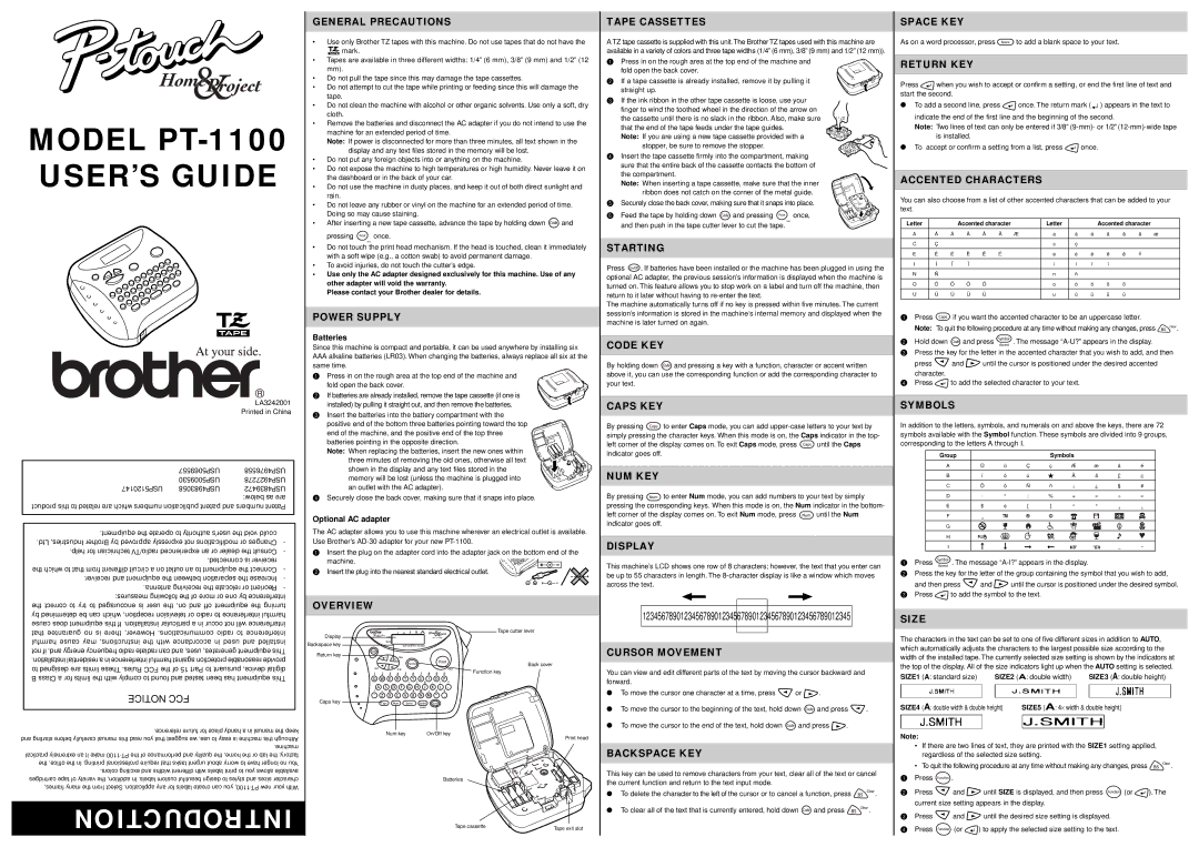 Brother PT-1100 warranty General Precautions, Power Supply, Overview, Tape Cassettes, Starting, Code KEY, Caps KEY, Size 