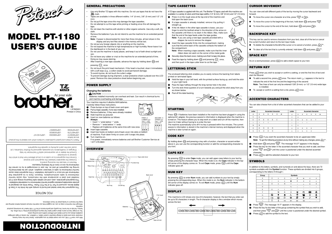 Brother PT-1180 manual General Precautions, Power Supply, Overview, Tape Cassettes, Lettering Stick, Starting, Code KEY 