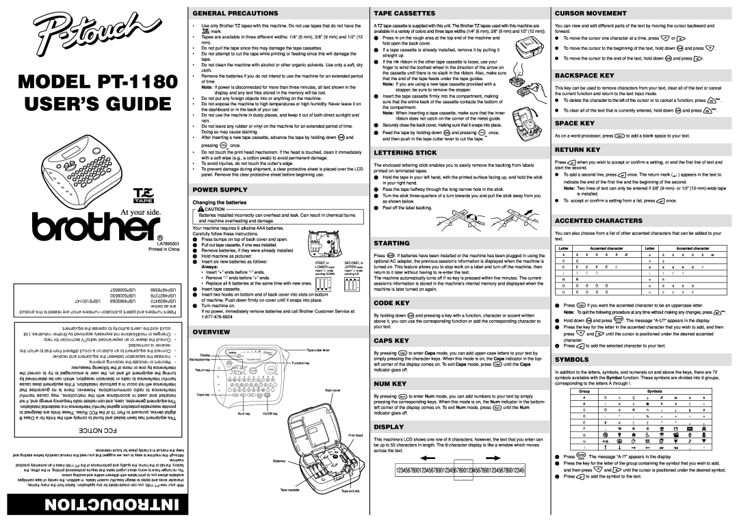 Brother manual MODEL PT-1180 USER’S GUIDE, Introduction 