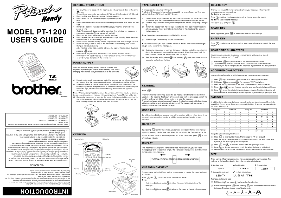 Brother PT-1200 manual General Precautions, Power Supply, Overview, Tape Cassettes, Starting, Code KEY, Caps KEY, Display 