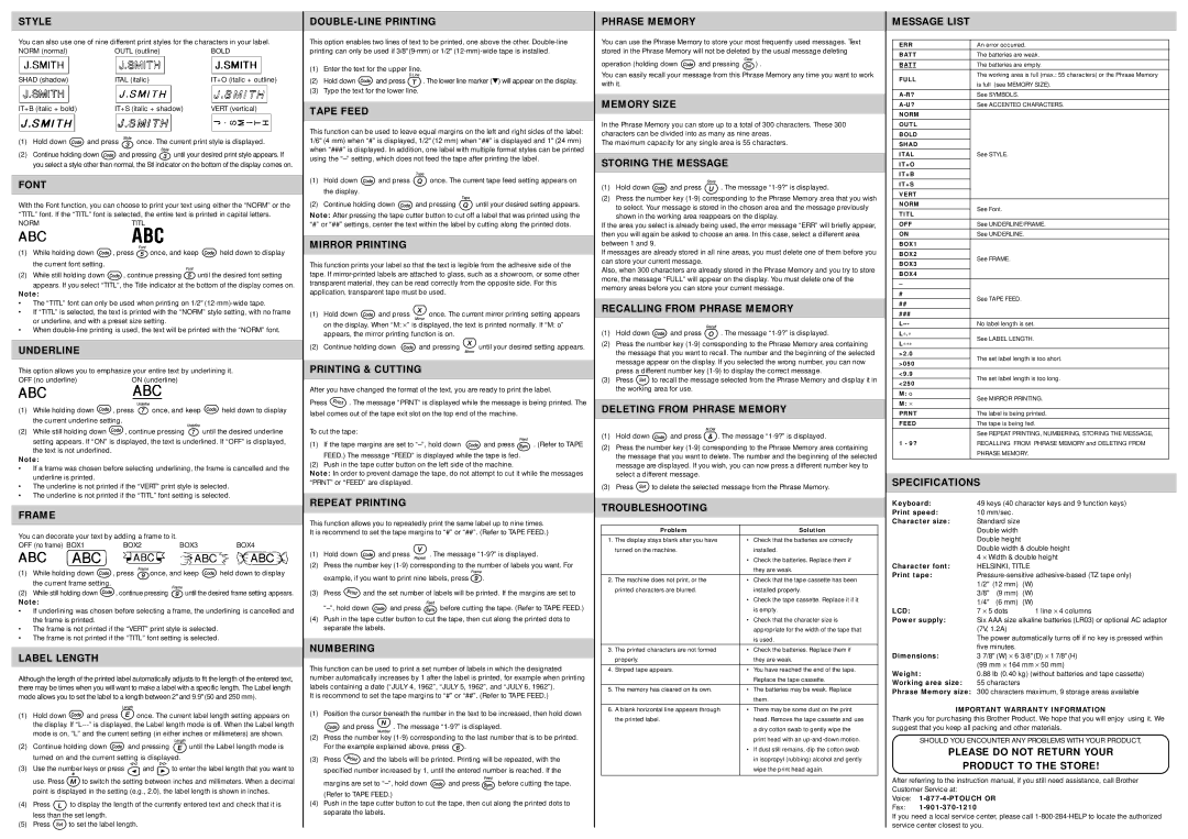 Brother PT-1200 Style, Font, Underline, Frame, Label Length, DOUBLE-LINE Printing, Tape Feed, Mirror Printing, Numbering 
