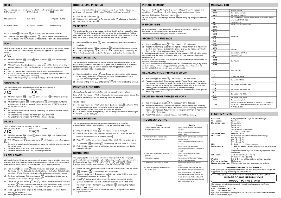 Brother PT-1200 Style, Font, Underline, Frame, Label Length, DOUBLE-LINE Printing, Tape Feed, Mirror Printing, Numbering 