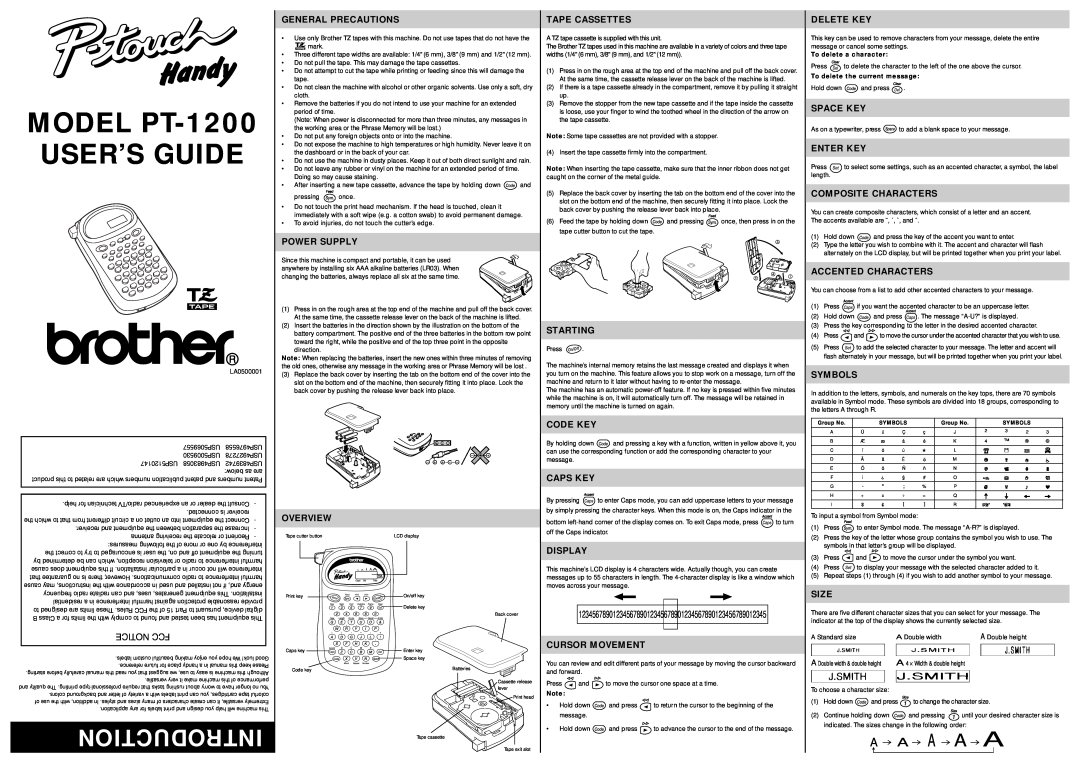 Brother manual MODEL PT-1200 USER’S GUIDE, Introduction, A A A A A 
