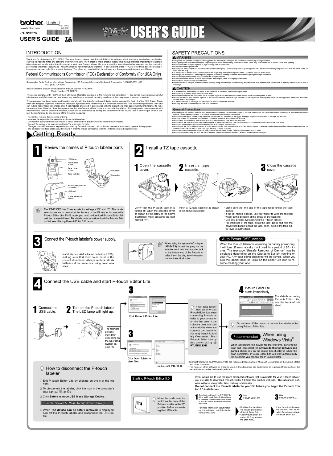 Brother PT-1230PC manual Open the cassette Insert a tape, Cover Cassette, Connect, USB cable LED lamp will light up 