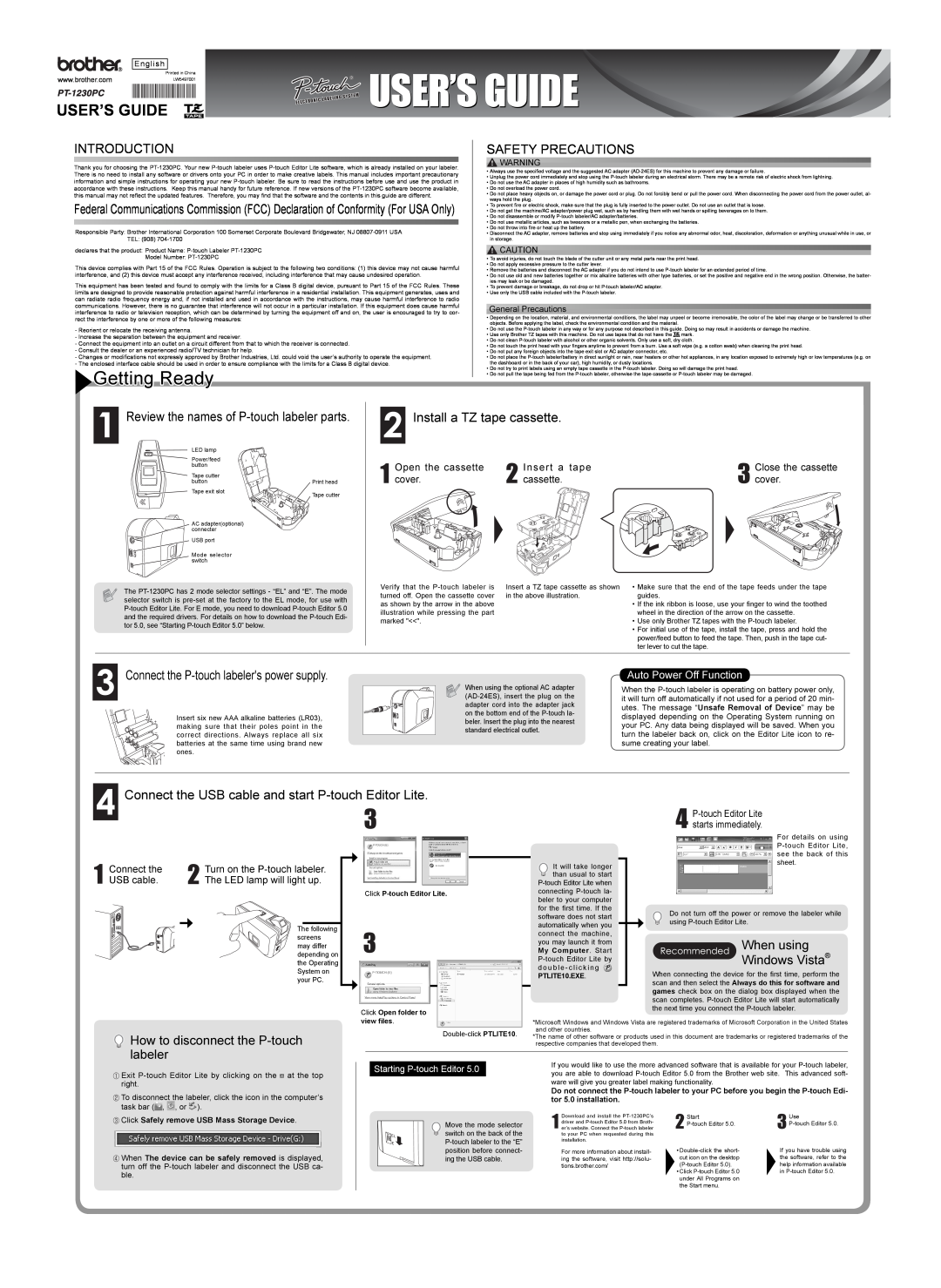 Brother PT-1230PC instruction manual Getting Ready, User’S Guide, Introduction, Safety Precautions, When using 