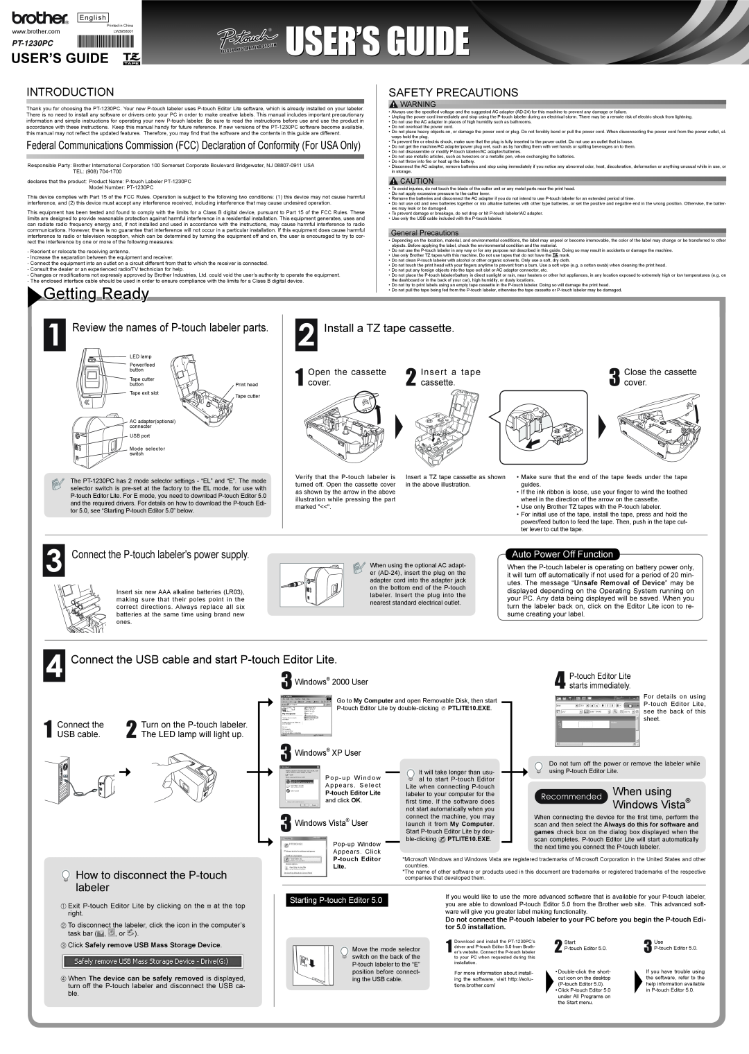 Brother PT-1230PC manual Getting Ready, User’S Guide, Introduction, Safety Precautions, Install a TZ tape cassette 