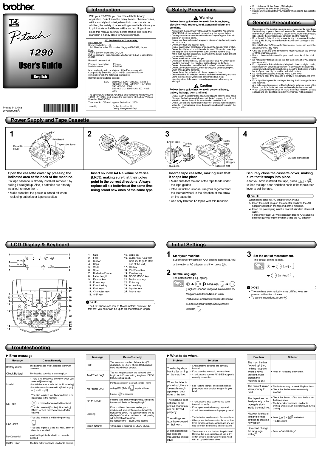 Brother 1290 manual Introduction, Safety Precautions, General Precautions, Power Supply and Tape Cassette, Troubleshooting 