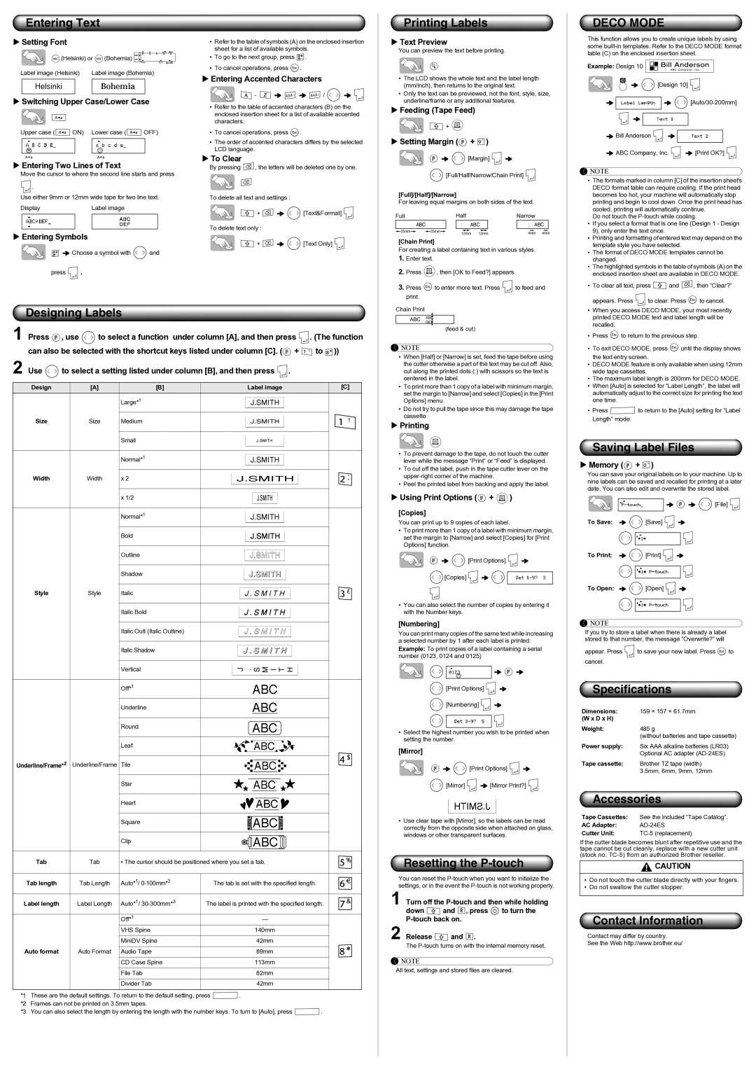 Brother PT-1290 Entering Text, Printing Labels, Designing Labels, Resetting the P-touch, Saving Label Files, Accessories 