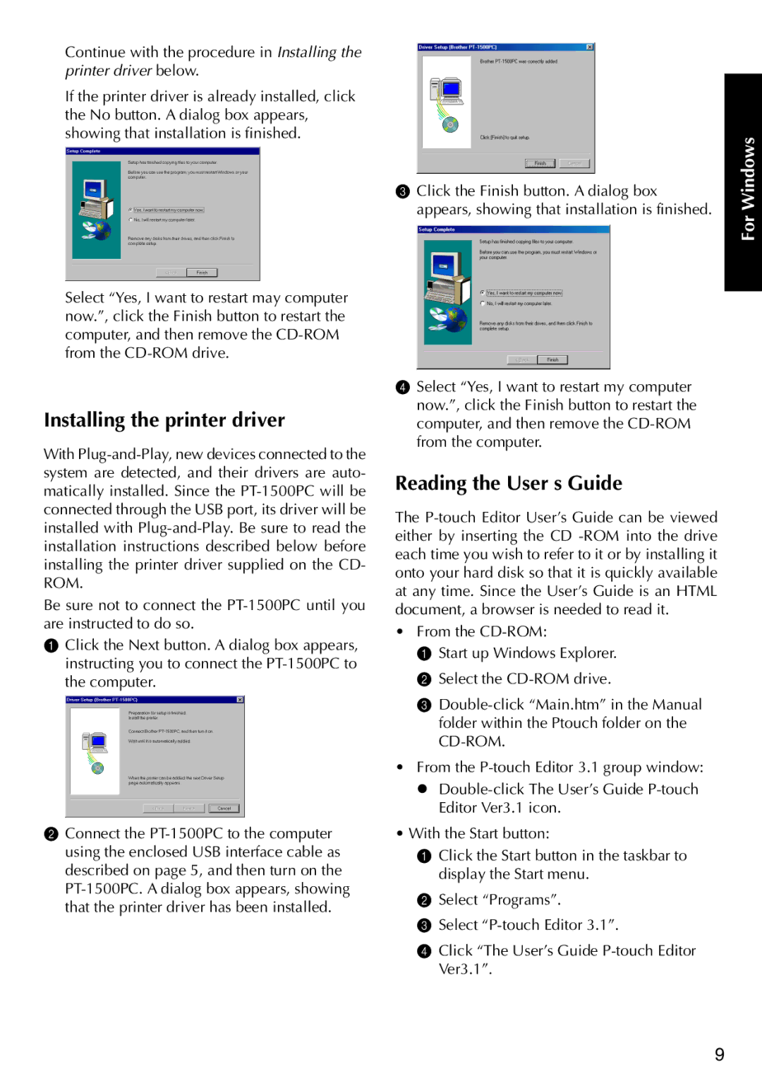 Brother PT-1500PC manual Installing the printer driver, Reading the User’s Guide 