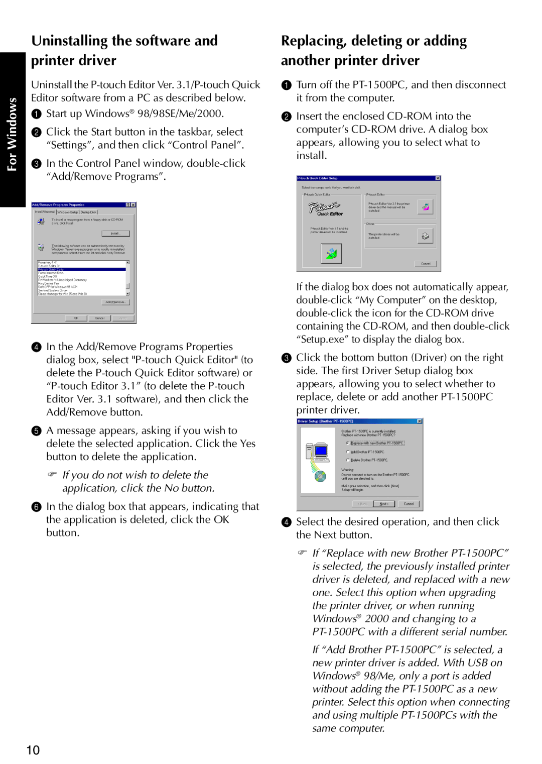 Brother PT-1500PC manual Uninstalling the software and printer driver, Replacing, deleting or adding another printer driver 