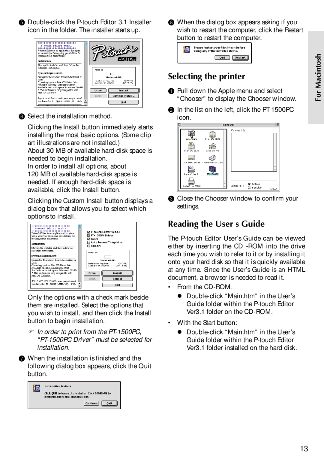 Brother PT-1500PC manual Selecting the printer, Reading the User’s Guide 