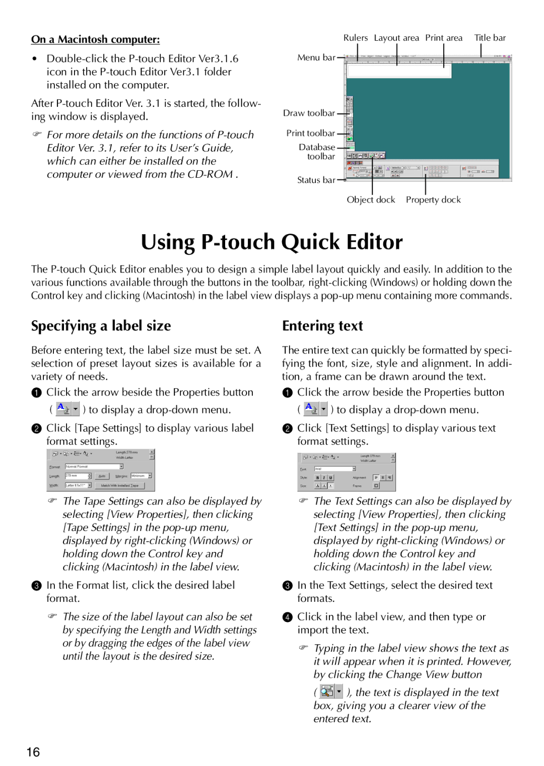 Brother PT-1500PC manual Using P-touch Quick Editor, Specifying a label size, Entering text 