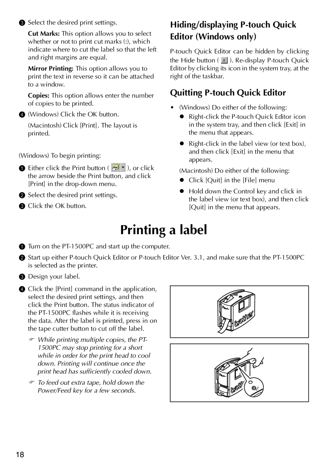 Brother PT-1500PC Printing a label, Hiding/displaying P-touch Quick Editor Windows only, Quitting P-touch Quick Editor 