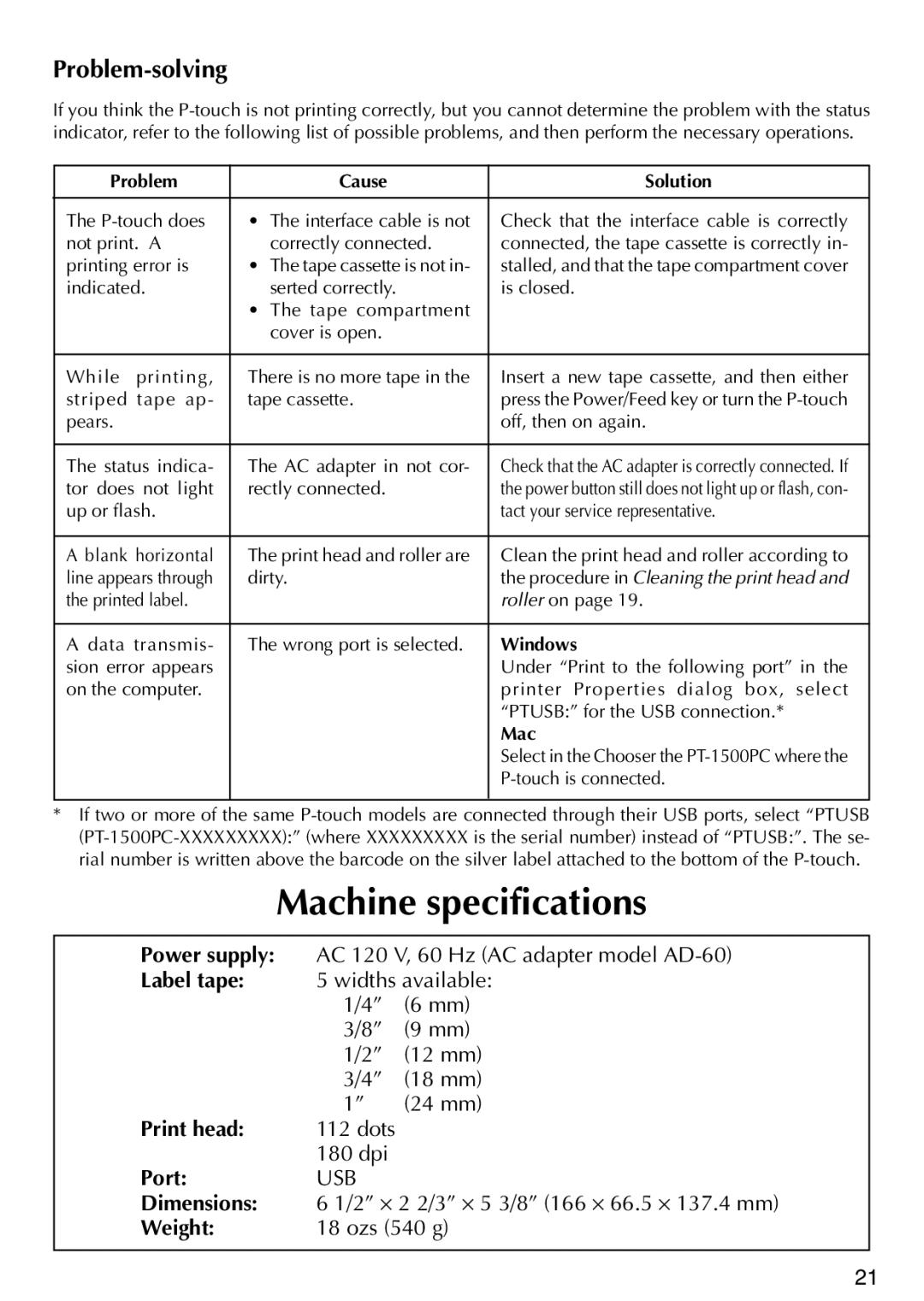 Brother PT-1500PC manual Machine specifications, Problem-solving 