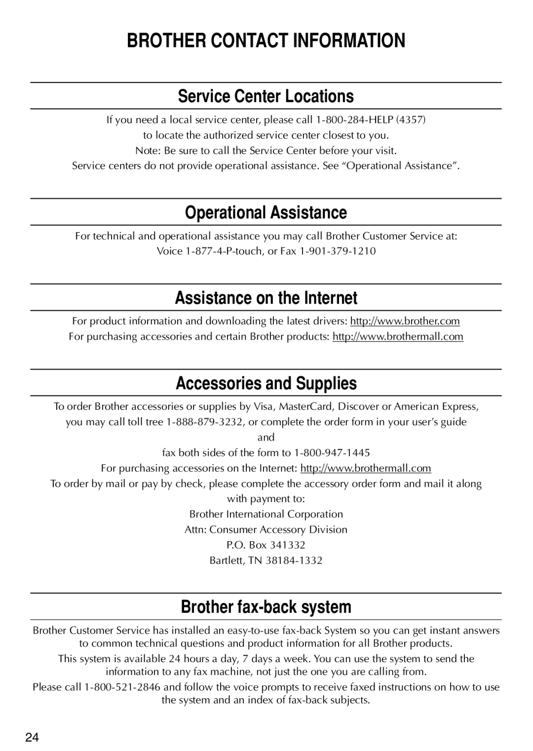 Brother PT-1500PC manual Brother Contact Information 