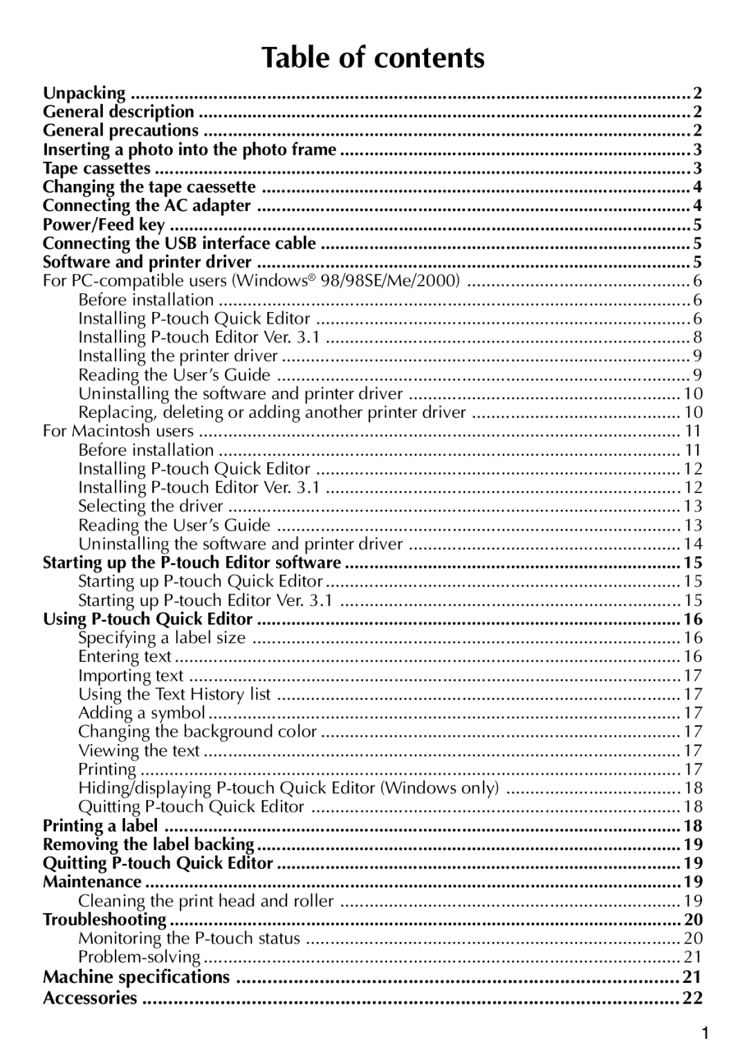 Brother PT-1500PC manual Table of contents 