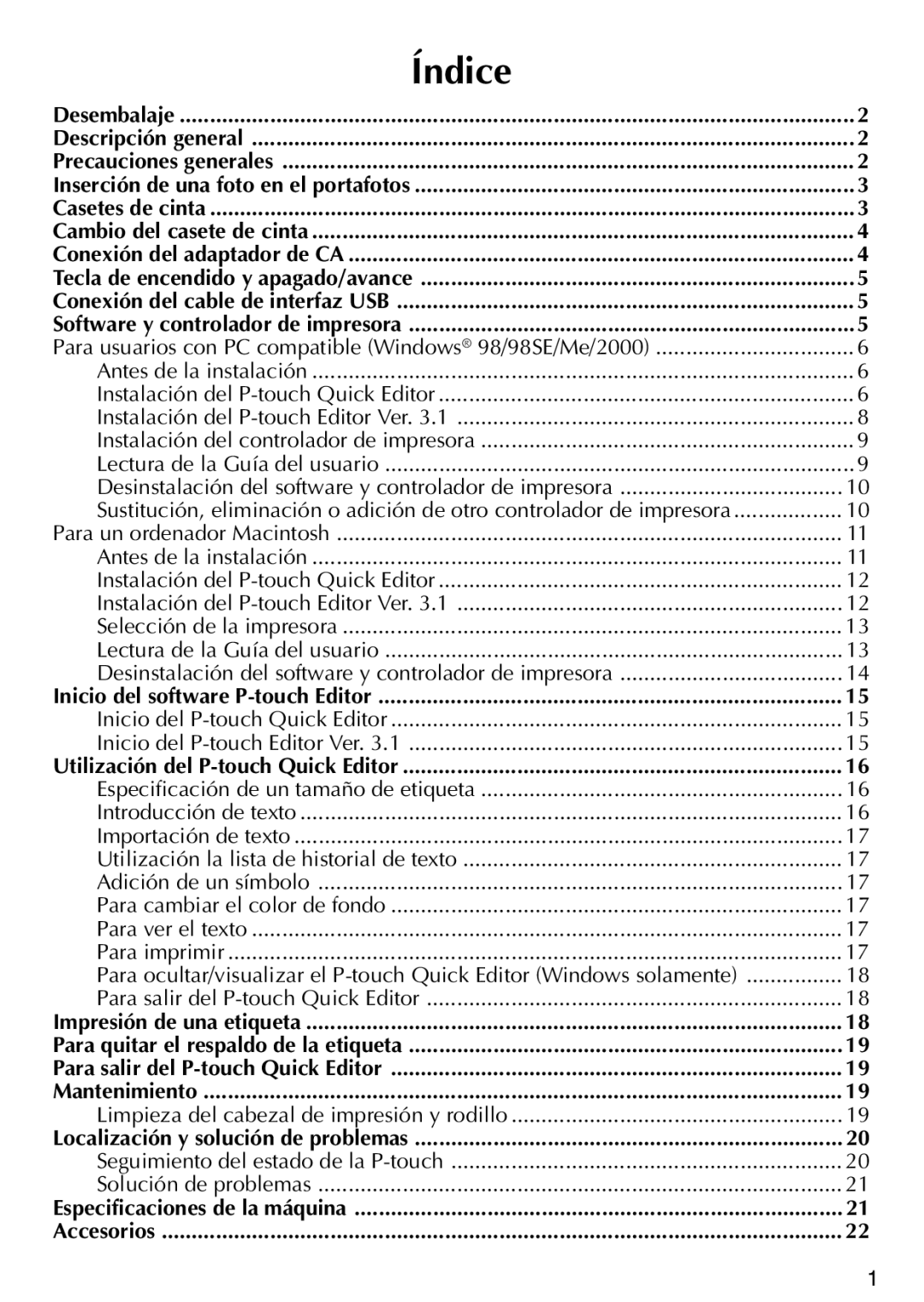 Brother PT-1500PC manual Índice, Inicio del software P-touch Editor, Utilización del P-touch Quick Editor 