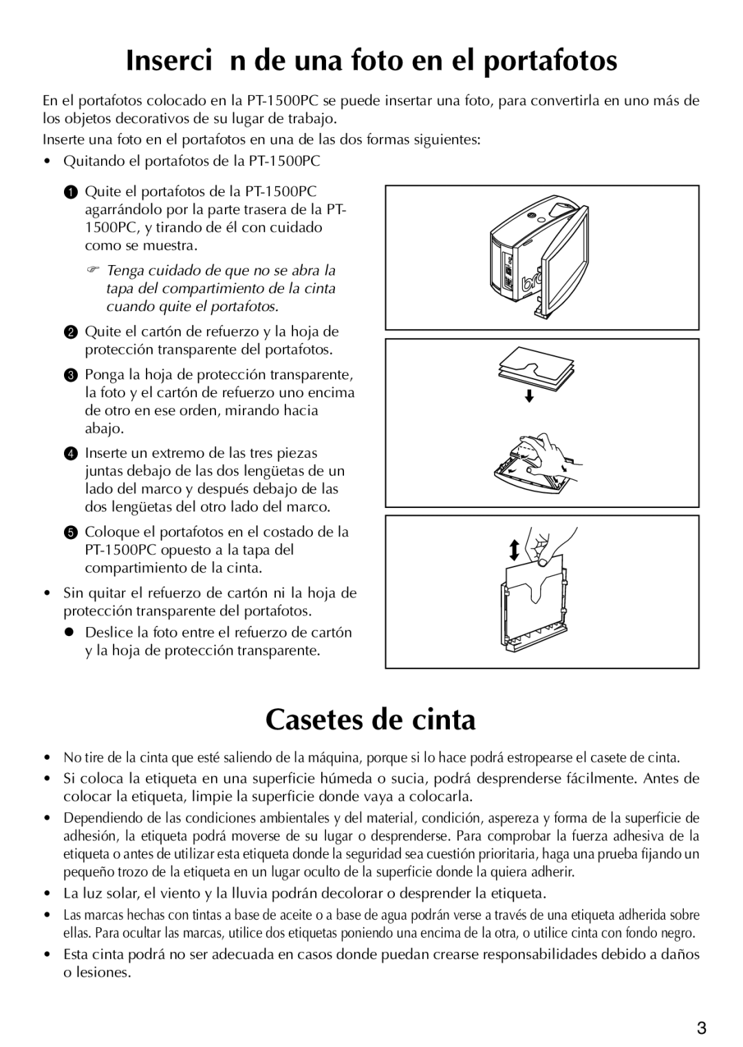 Brother PT-1500PC manual Inserción de una foto en el portafotos, Casetes de cinta 