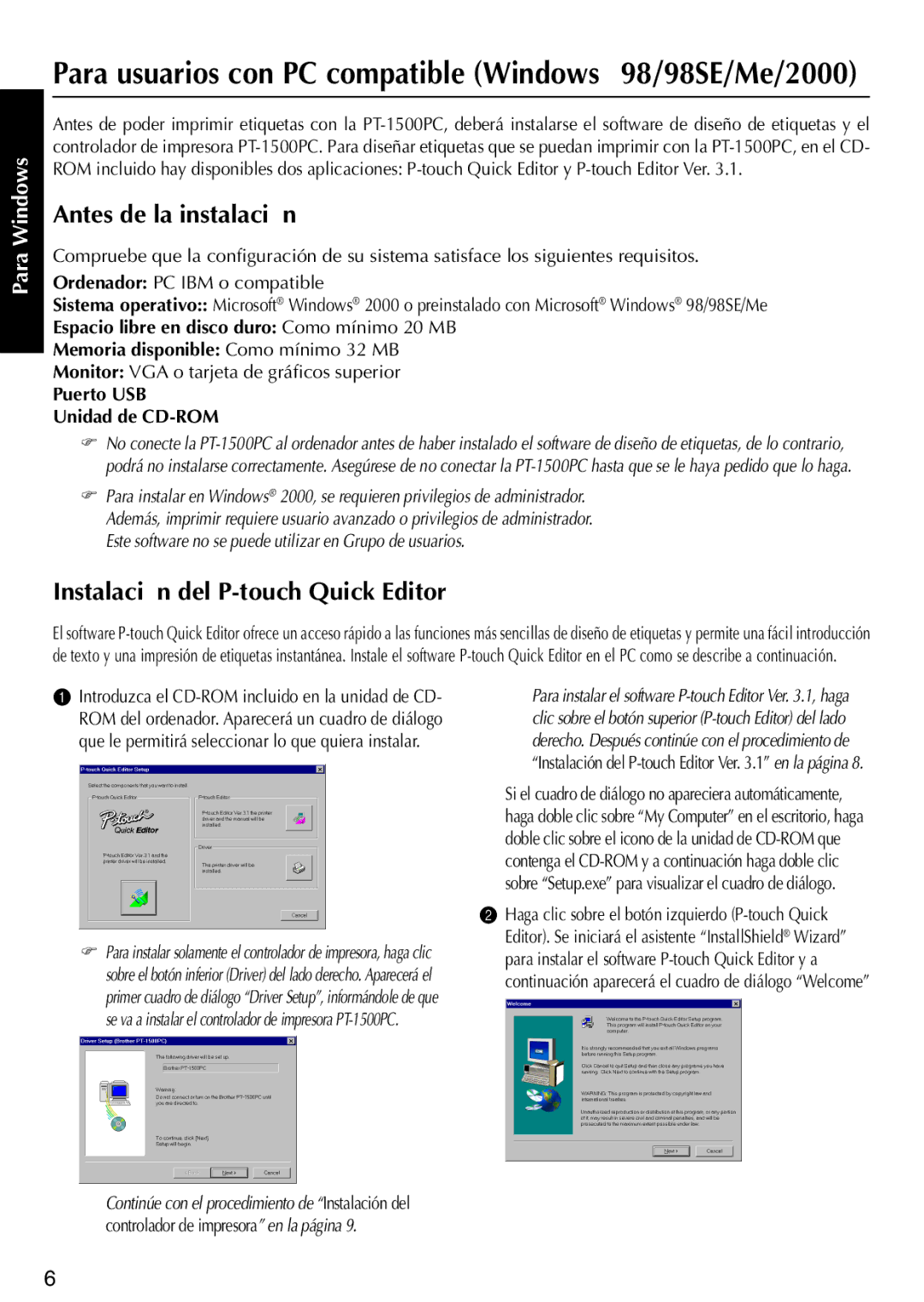 Brother PT-1500PC manual Antes de la instalación, Instalación del P-touch Quick Editor, Puerto USB Unidad de CD-ROM 
