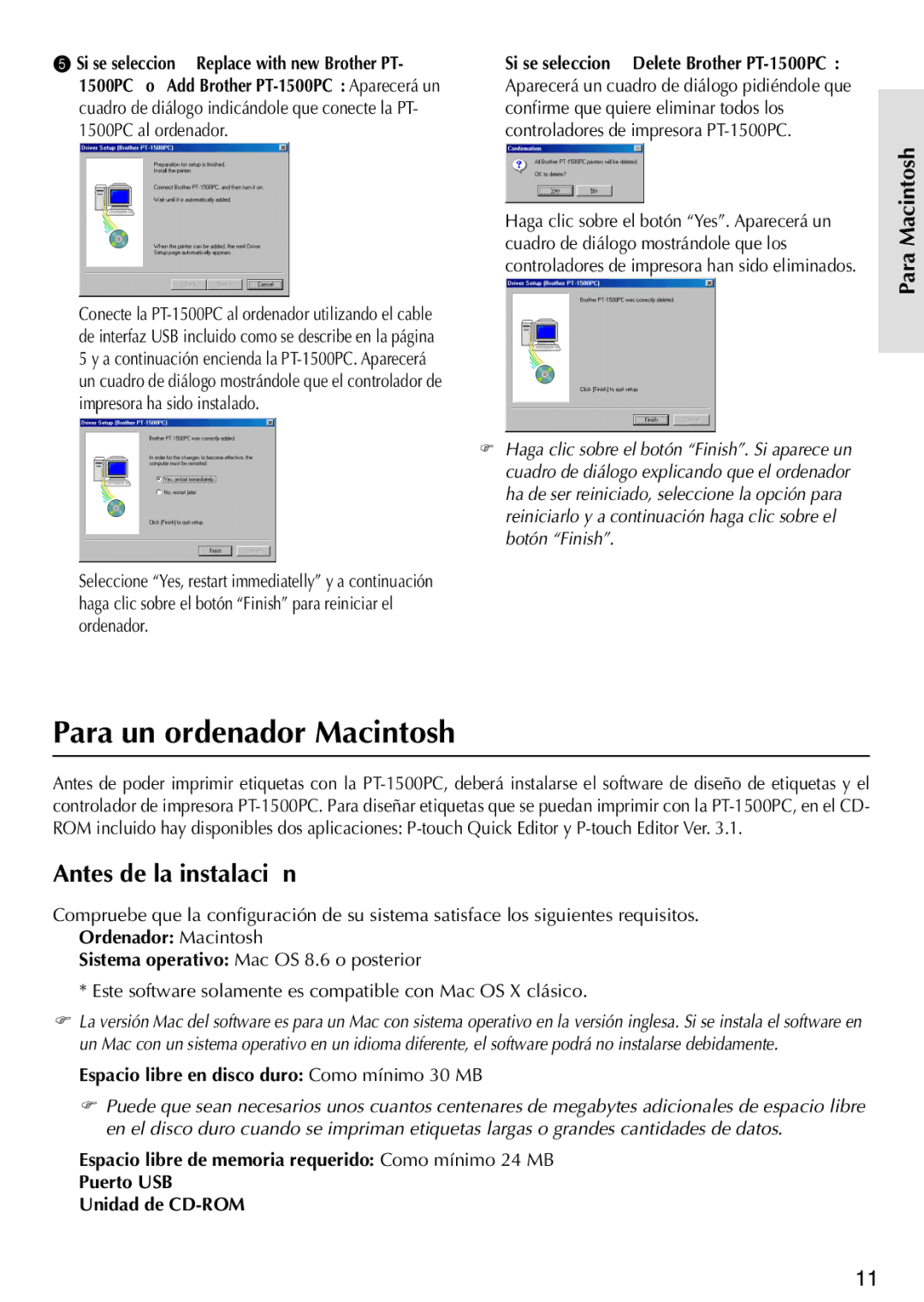 Brother PT-1500PC manual Para Macintosh, Espacio libre en disco duro Como mínimo 30 MB 