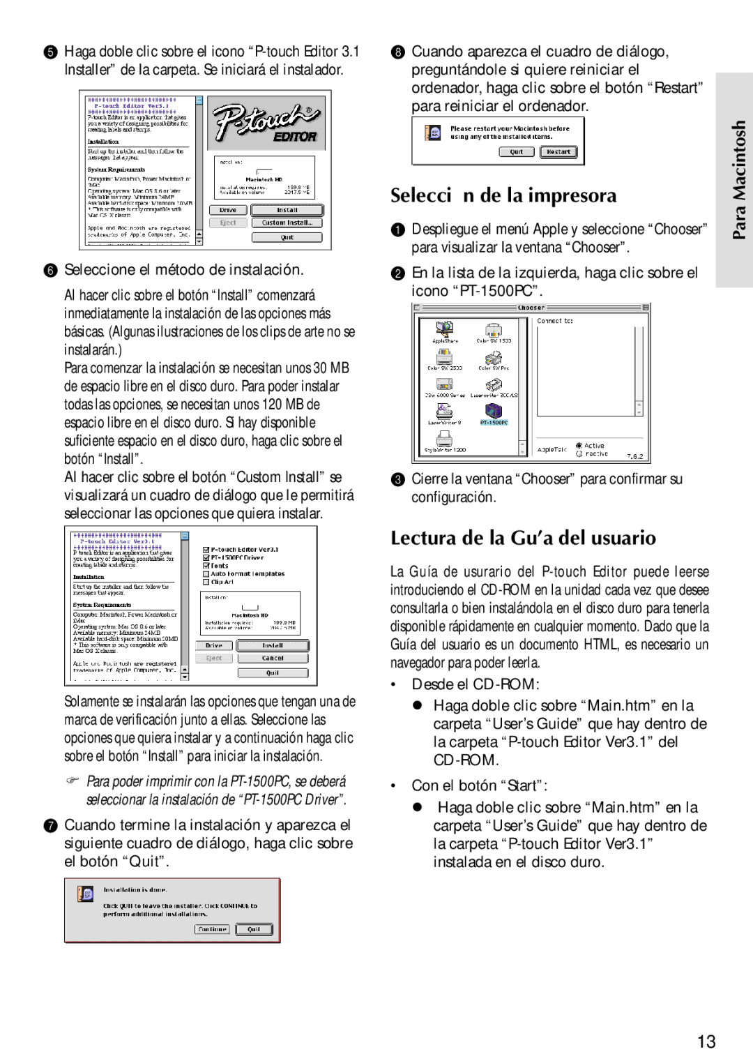 Brother PT-1500PC manual Selección de la impresora, Lectura de la Guía del usuario 