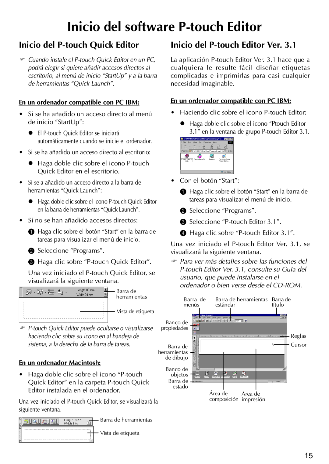 Brother PT-1500PC manual Inicio del software P-touch Editor, Inicio del P-touch Quick Editor, Inicio del P-touch Editor Ver 