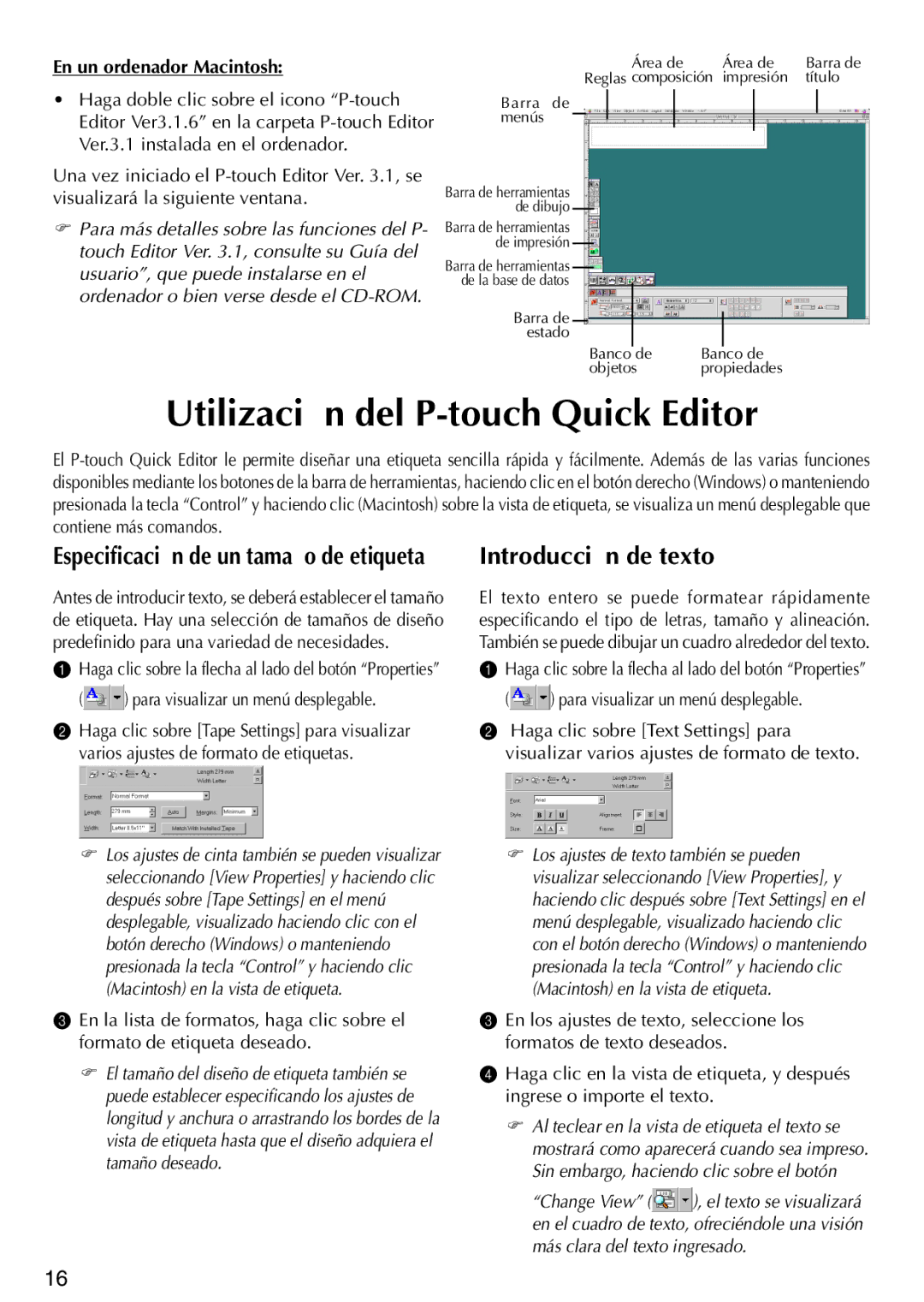 Brother PT-1500PC Utilización del P-touch Quick Editor, Introducción de texto, Especificación de un tamaño de etiqueta 