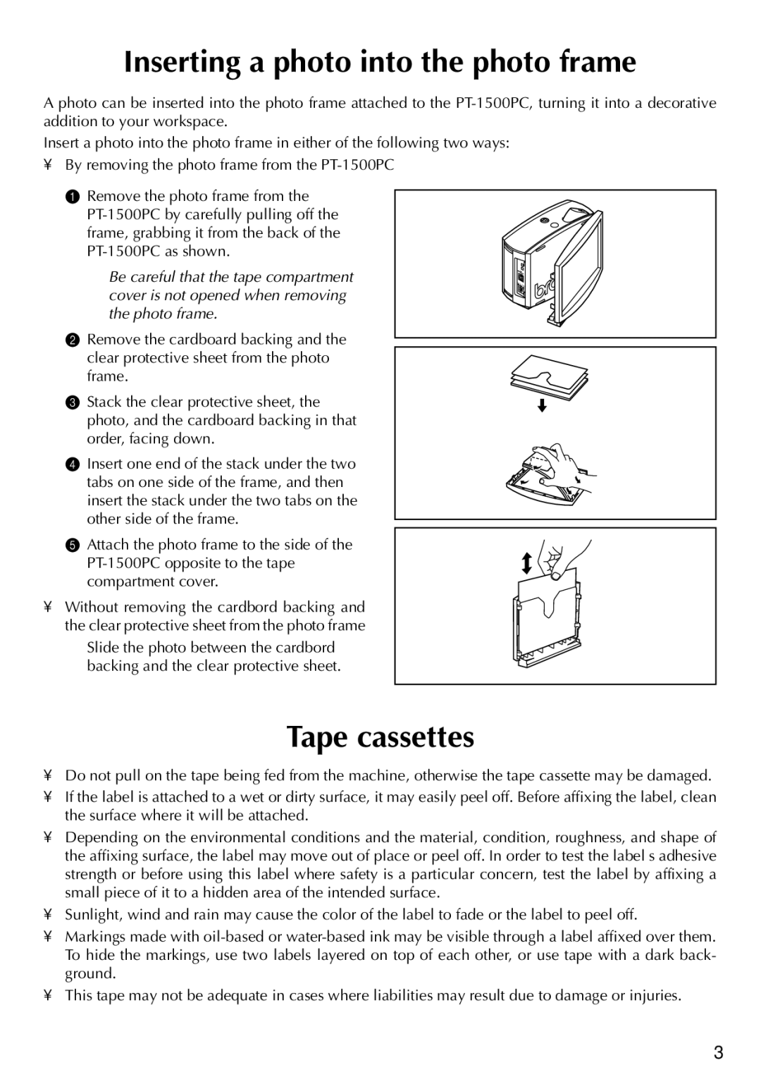 Brother PT-1500PC manual Inserting a photo into the photo frame, Tape cassettes 