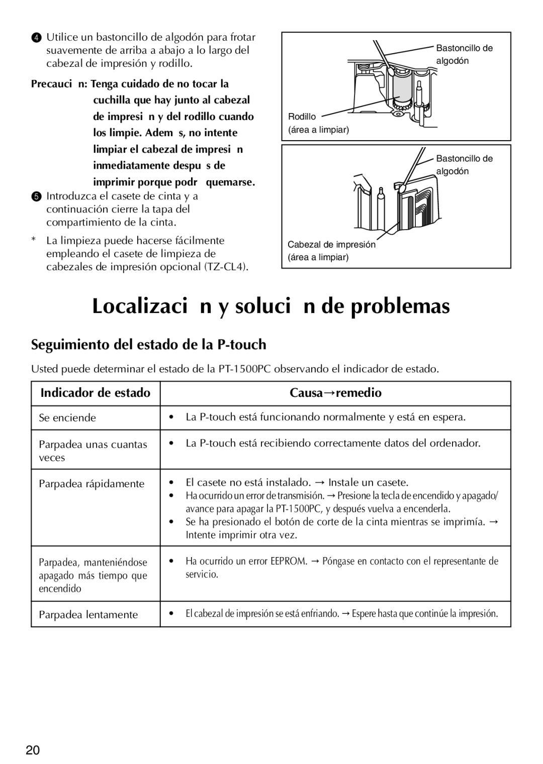 Brother PT-1500PC manual Localización y solución de problemas, Seguimiento del estado de la P-touch, Causa→remedio 