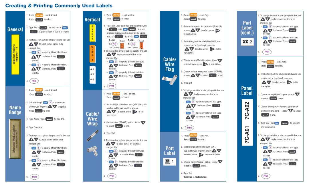 Brother PT-1600 manual General, Vertical, Cable, Wire, Flag, Port Label Cont 