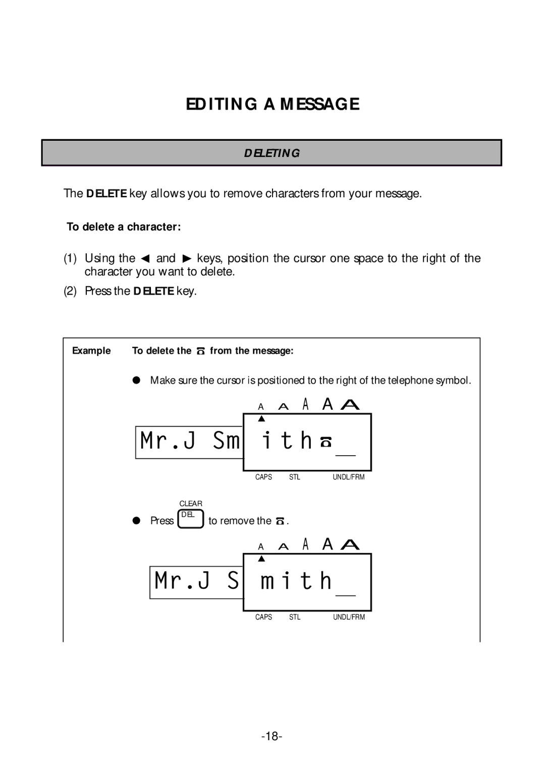 Brother PT-1700 manual Editing a Message, Deleting, To delete a character 