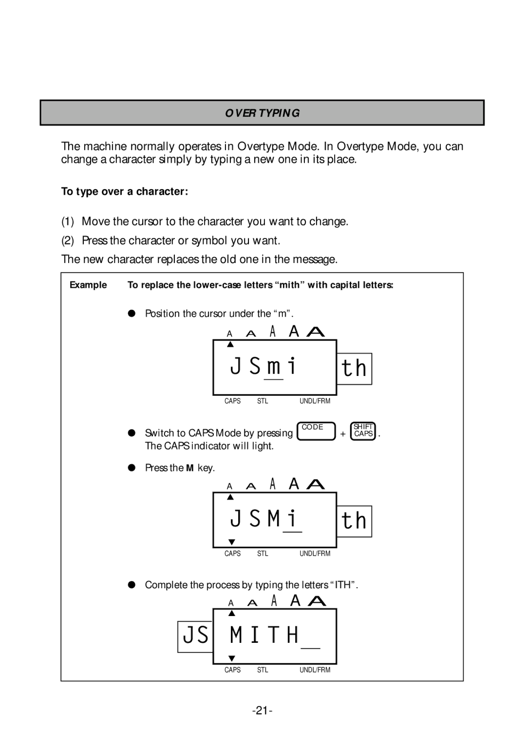 Brother PT-1700 manual Over Typing, To type over a character 