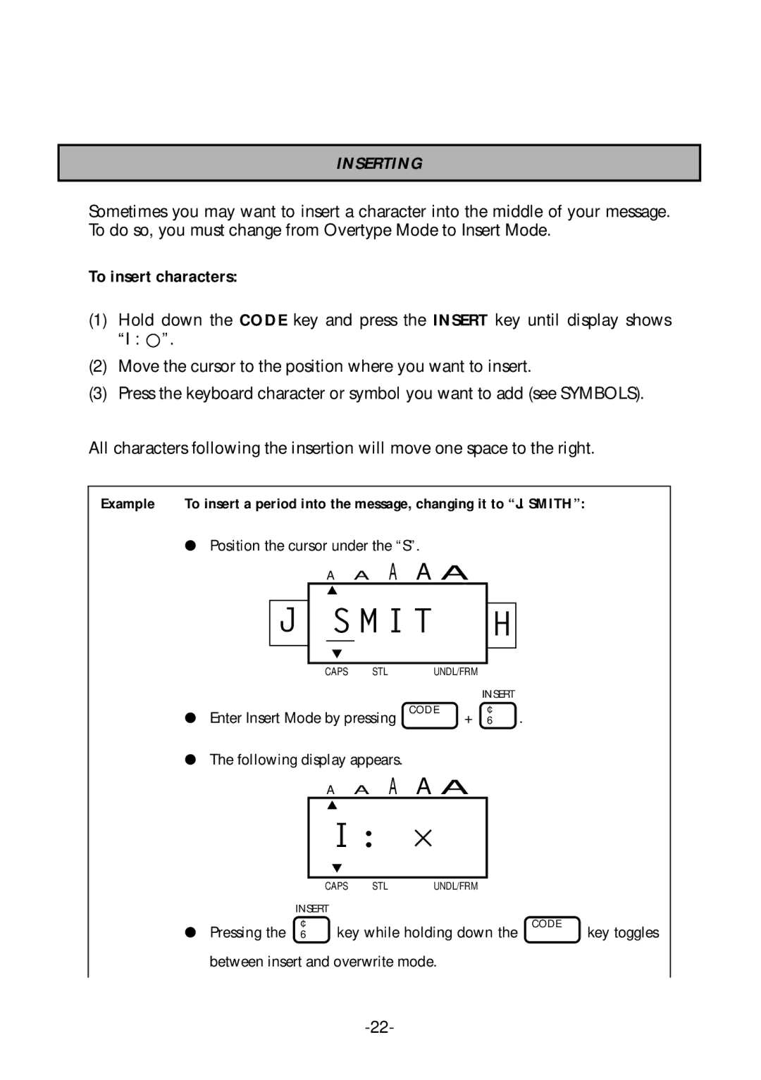 Brother PT-1700 manual Inserting, To insert characters 