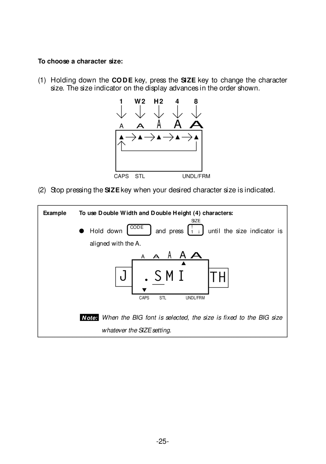 Brother PT-1700 manual To choose a character size, W2 H2 4 