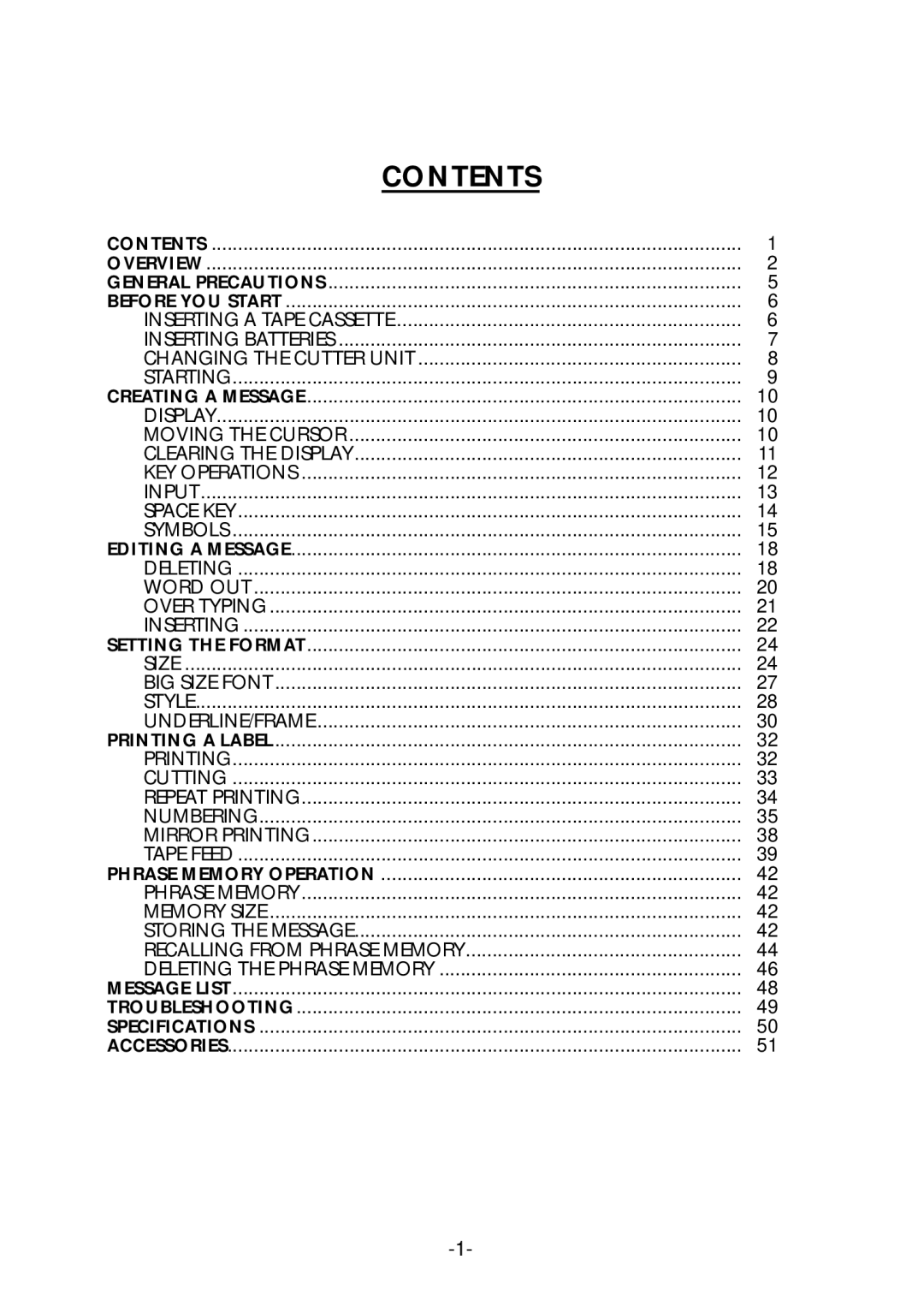 Brother PT-1700 manual Contents 