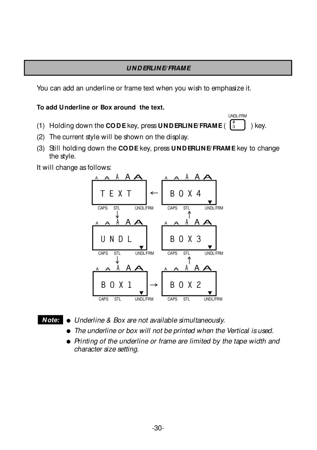 Brother PT-1700 manual Underline/Frame, To add Underline or Box around the text 