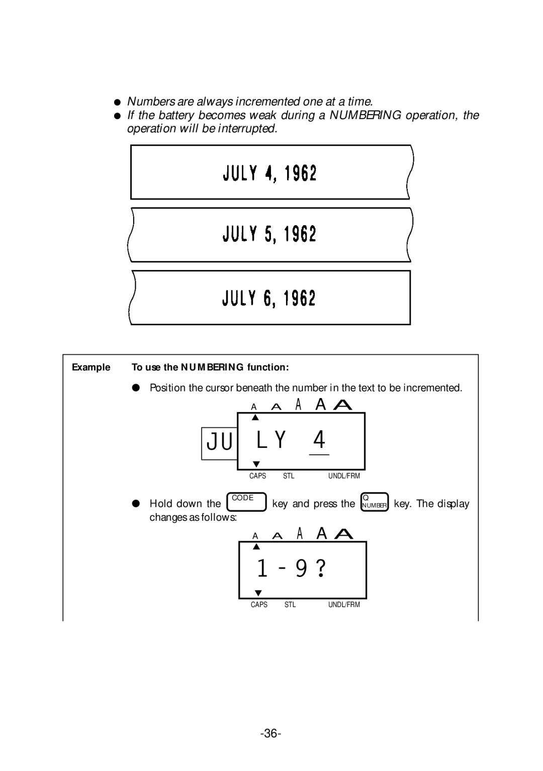 Brother PT-1700 manual Example To use the Numbering function 