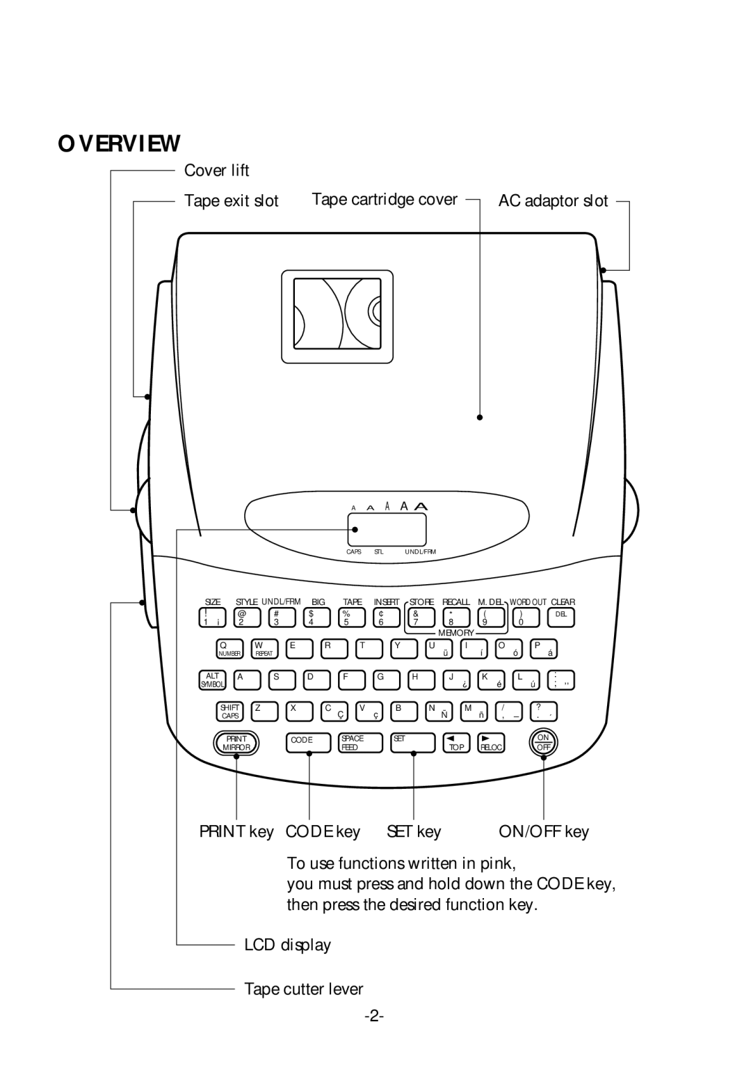 Brother PT-1700 manual Overview, AC adaptor slot 