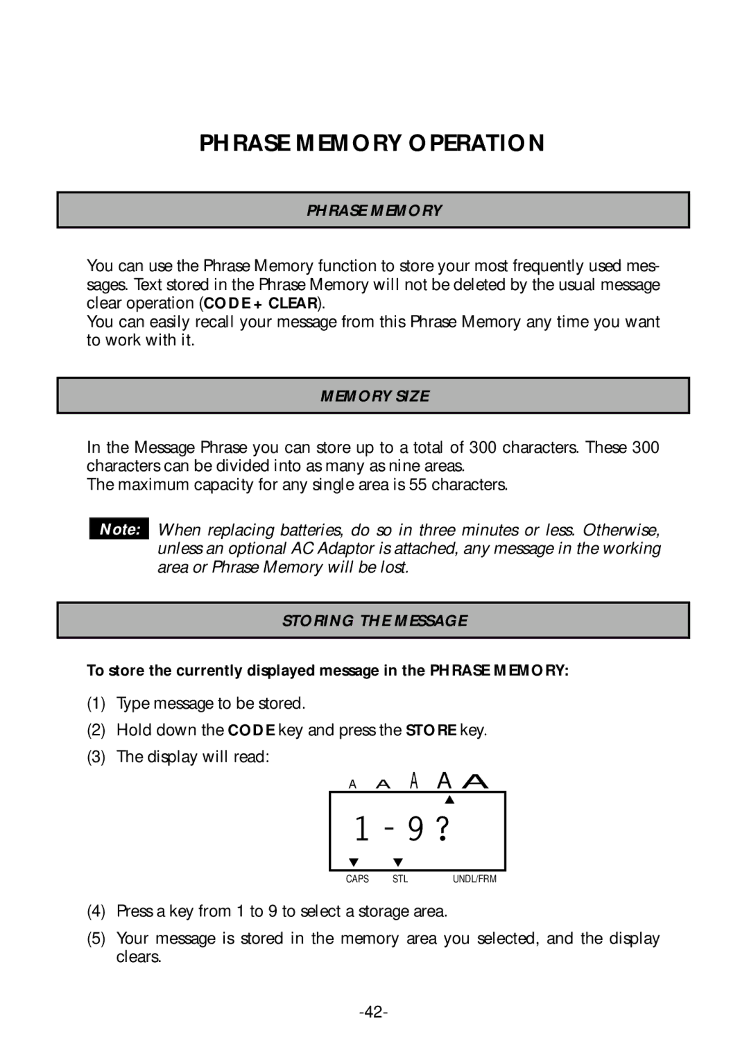 Brother PT-1700 manual Phrase Memory Operation, Memory Size, Storing the Message 