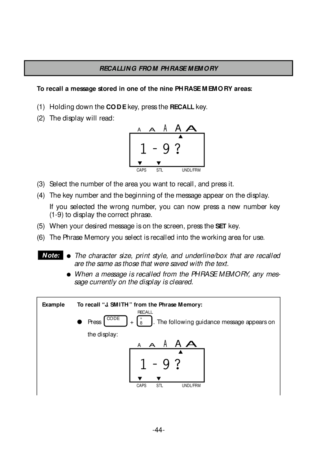 Brother PT-1700 manual Recalling from Phrase Memory, Example To recall J. Smith from the Phrase Memory 