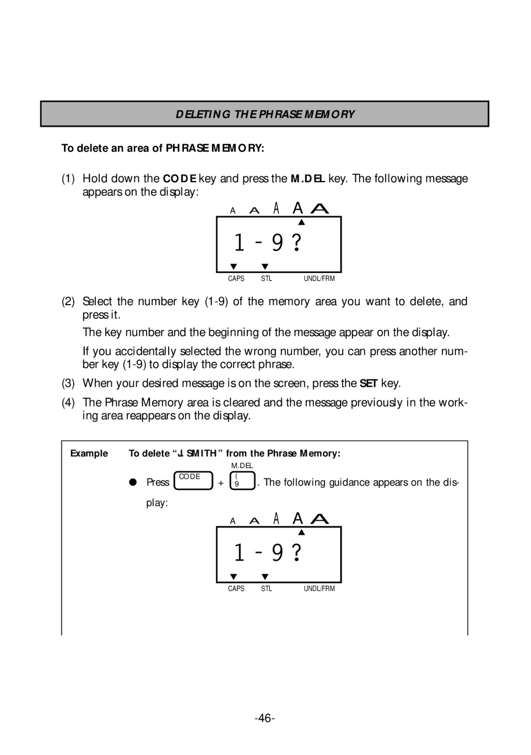 Brother PT-1700 manual Deleting the Phrase Memory, To delete an area of Phrase Memory 