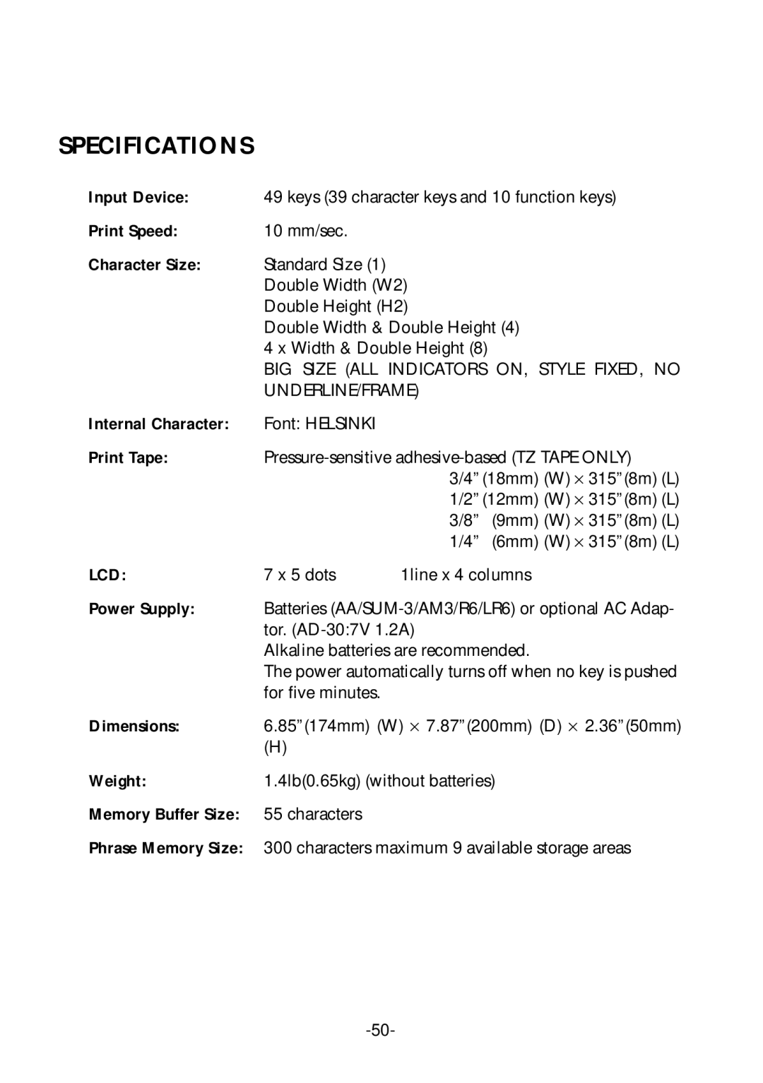 Brother PT-1700 manual Specifications 