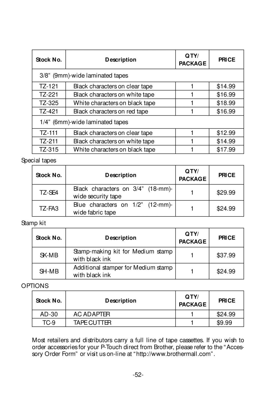 Brother PT-1700 manual QTY Package Price 