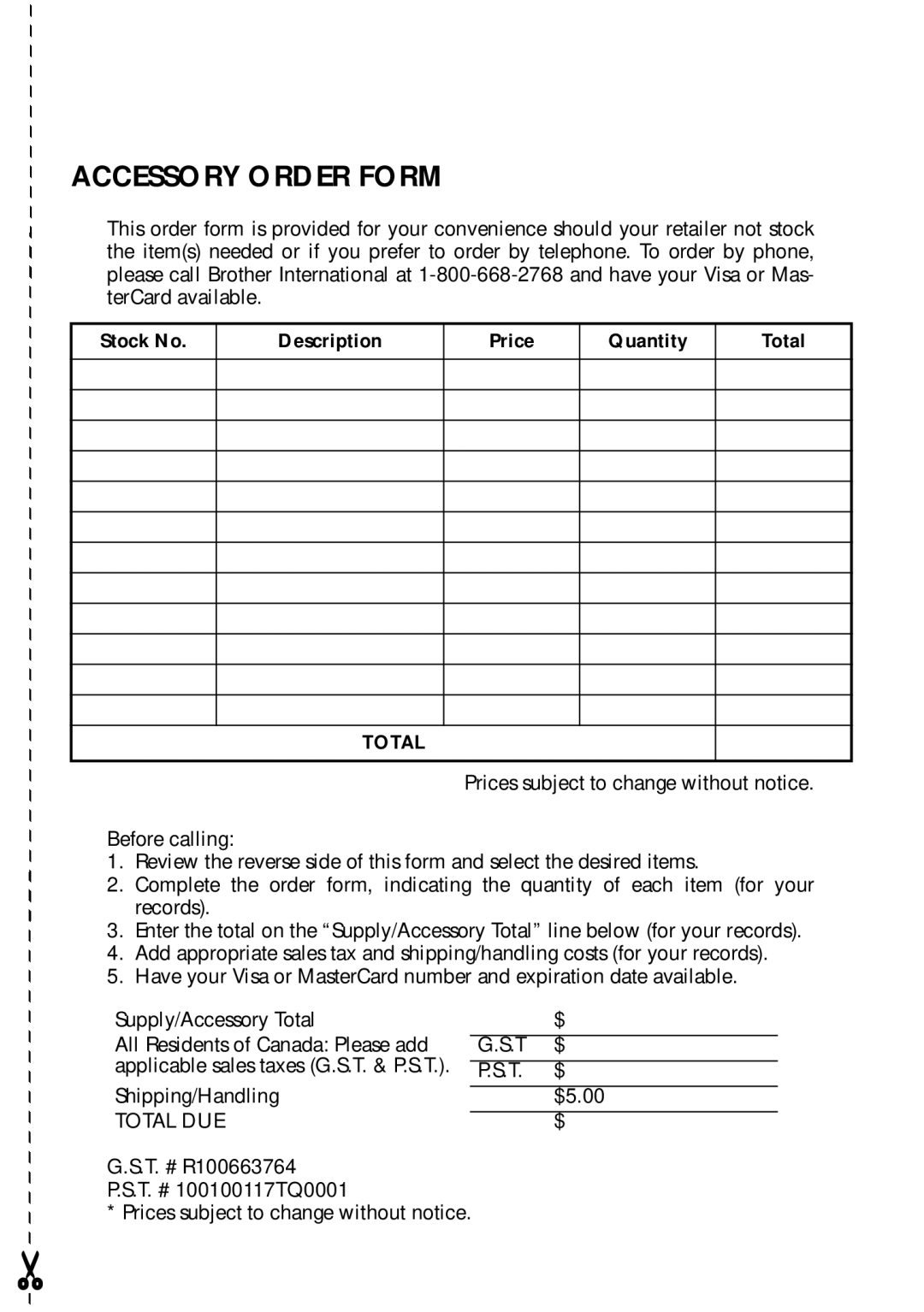 Brother PT-1700 manual Accessory Order Form, Stock No Description Price Quantity Total 