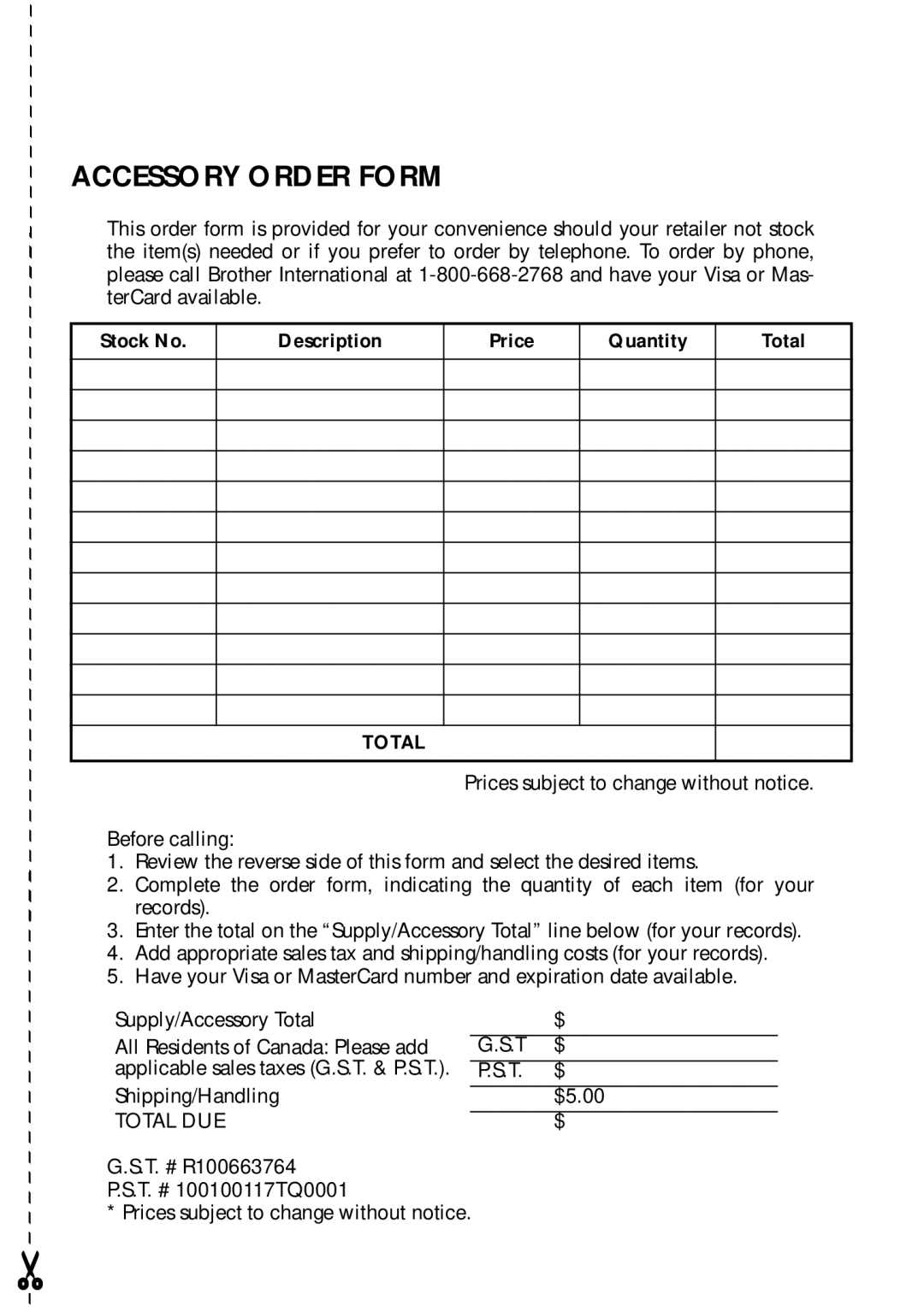 Brother PT-1700 manual Accessory Order Form 